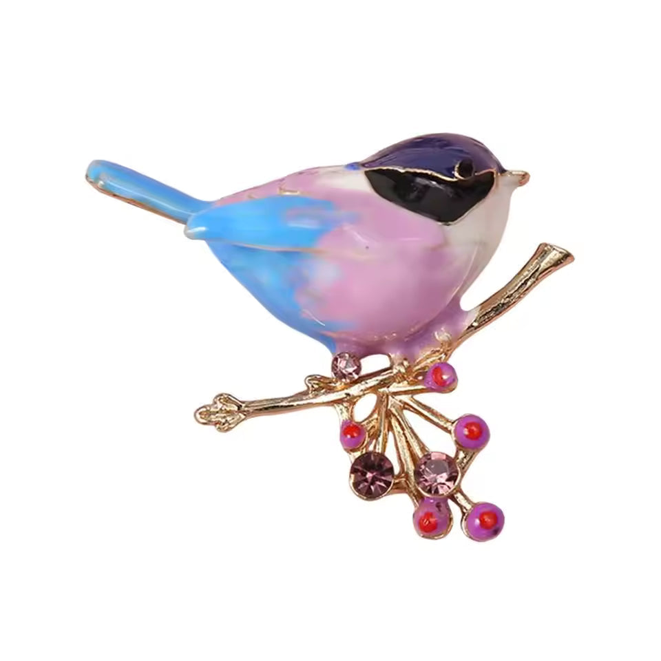 Delicate Rhinestone Birds On Flower Branches Brooches